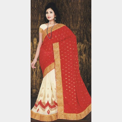 Cute’s Silk Georgette party Sharee with all over Rhine stone and golden metallic embroidery